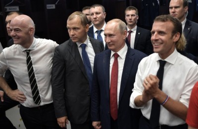 epa06892027 FIFA President Gianni Infantino (L), Russian President Vladimir Putin (2-R) and French President Emmanuel Macron  (R) congratulate French team after the FIFA World Cup 2018 final between France and Croatia in Moscow, Russia, 15 July 2018. 

(RESTRICTIONS APPLY: Editorial Use Only, not used in association with any commercial entity - Images must not be used in any form of alert service or push service of any kind including via mobile alert services, downloads to mobile devices or MMS messaging - Images must appear as still images and must not emulate match action video footage - No alteration is made to, and no text or image is superimposed over, any published image which: (a) intentionally obscures or removes a sponsor identification image; or (b) adds or overlays the commercial identification of any third party which is not officially associated with the FIFA World Cup)  EPA/ALEXEI NIKOLSKY / SPUTNIK  / KREMLIN POOL / POOL MANDATORY CREDIT