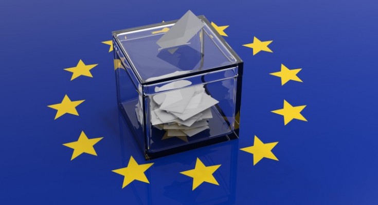 Ballot box on a european union flag background. 3d illustration