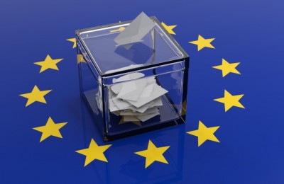 Ballot box on a european union flag background. 3d illustration