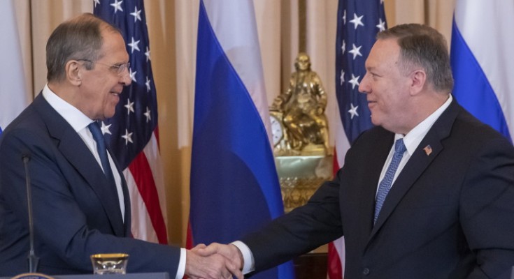 epa08060726 US Secretary of State Mike Pompeo (R) shakes hands with Russian Foreign Minister Sergey Lavrov (L) after a press conference at the Department of State in Washington, DC, USA, 10 December 2019. Lavrov is scheduled to meet with US President Donald J. Trump at the White House later in the day.  EPA/ERIK S. LESSER