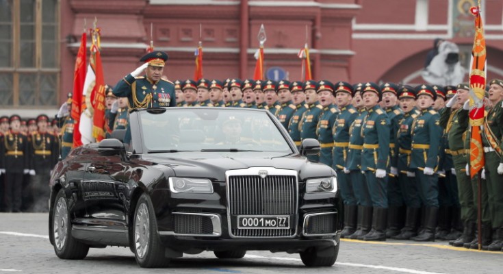 epa07557113 Russian Defense Minister Sergei Shoigu salutes participants from a new limousine Aurus during Victory Day parade in Red Square in Moscow, Russia, 09 May 2019. Russia marks 09 May the 74th anniversary of the victory in the World War II over Nazi Germany and its allies. The Soviet Union lost 27 million people in the war.  EPA/YURI KOCHETKOV