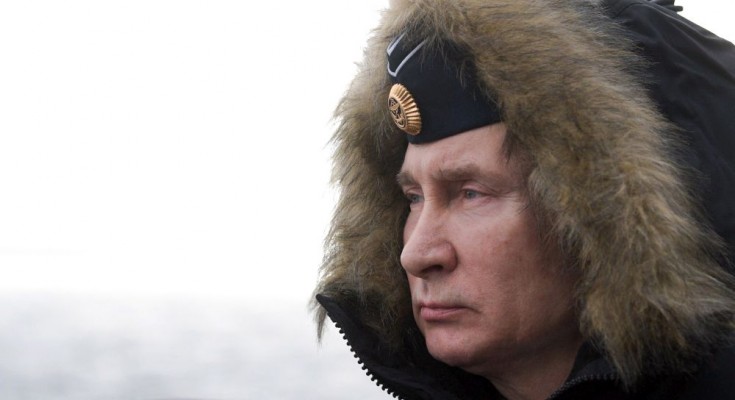 epa08114498 Russian President and Armed Forces Supreme Commander-in-Chief Vladimir Putin on board of the Russian Northern fleet's Marshal Ustinov missile cruiser watches the joint drills of the Northern and Black sea fleets in the Black Sea, Crimea, 09 January 2020. The exercise included Kalibr cruise missiles and Kinzhal hypersonic aero-ballistic ballistic missiles firing.  EPA/ALEXEI DRUZHININ / SPUTNIK / KREMLIN POOL MANDATORY CREDIT