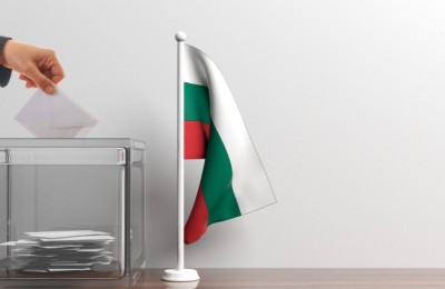 Glass ballot box and a small Bulgaria flag. 3d illustration
