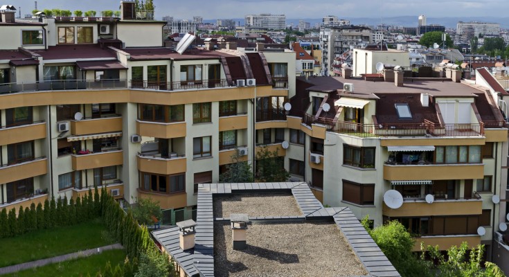 Sofia, Bulgaria - May 12, 2019: Green gardens with a place for recreation in a new residential neighborhood of the Bulgarian capital Sofia, Bulgaria. Visit in place.