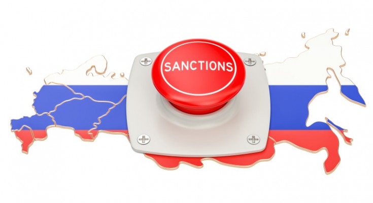 Sanctions button on map of Russia, 3D rendering isolated on white background