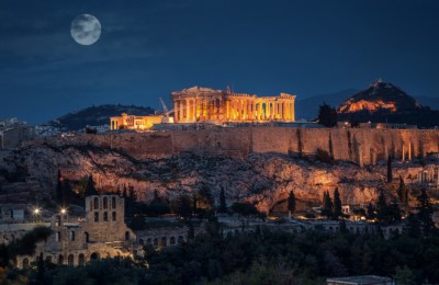 Acropolis at night with full moon Greece
