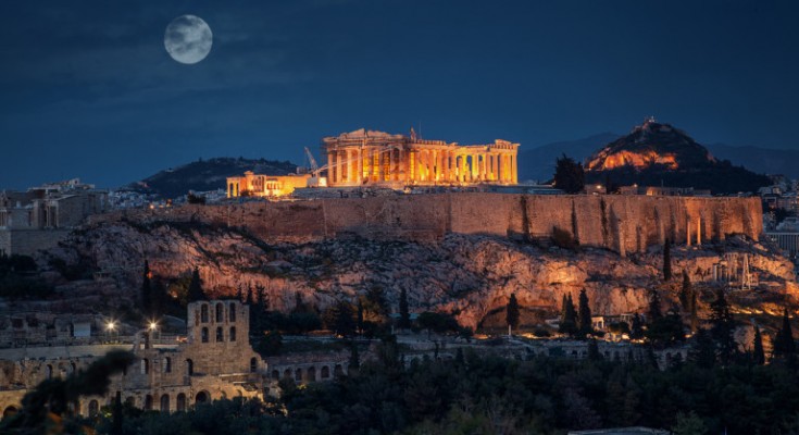 Acropolis at night with full moon Greece