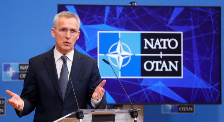 epa09871609 Secretary General of North Atlantic Treaty Organization (NATO) Jens Stoltenberg gives a press conference ahead of a two-day NATO Ministers of Foreign Affairs meeting on Ukraine at NATO headquarters in Brussels, Belgium, 05 April 2022. NATO Foreign Ministers will meet on 06 and 07 April.  EPA/STEPHANIE LECOCQ