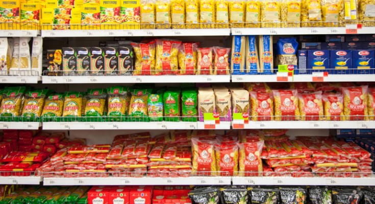 Kaliningrad, Russia - January 31, 2021: Pasta on supermarket shelves.