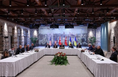 ISTANBUL, TURKEY - MAY 16: (EDITOR’S NOTE: This Handout image was provided by a third-party organization and may not adhere to Getty Images’ editorial policy.) In this handout image provided by Turkish Foreign Ministry, Ukrainian, American and Russian delegates meet for Ukraine-Russia peace talks at the office of Turkish President in Dolmabahce Palace on May 16, 2025 in Istanbul, Turkey. Under pressure from the United States to negotiate with Russia, President Zelensky had challenged Russian President Vladimir Putin to meet him in Turkey for direct negotiations, although Putin declined the invitation. US Secretary of State Marco Rubio has arrived in Turkey to attend the talks, but has said that US President Donald Trump and Russian President Vladimir Putin need to meet for progress to be made. (Handout photo by Arda Kucukkaya/Turkish Foreign Ministry via Getty Images)