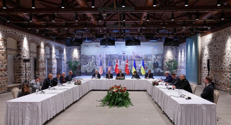 ISTANBUL, TURKEY - MAY 16: (EDITOR’S NOTE: This Handout image was provided by a third-party organization and may not adhere to Getty Images’ editorial policy.) In this handout image provided by Turkish Foreign Ministry, Ukrainian, American and Russian delegates meet for Ukraine-Russia peace talks at the office of Turkish President in Dolmabahce Palace on May 16, 2025 in Istanbul, Turkey. Under pressure from the United States to negotiate with Russia, President Zelensky had challenged Russian President Vladimir Putin to meet him in Turkey for direct negotiations, although Putin declined the invitation. US Secretary of State Marco Rubio has arrived in Turkey to attend the talks, but has said that US President Donald Trump and Russian President Vladimir Putin need to meet for progress to be made. (Handout photo by Arda Kucukkaya/Turkish Foreign Ministry via Getty Images)