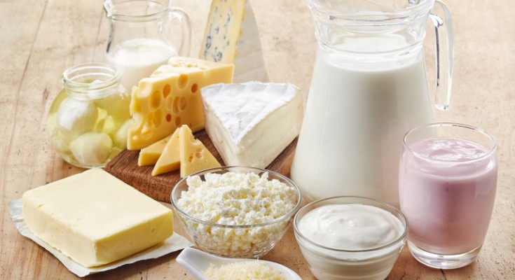 Various fresh dairy products on wooden background