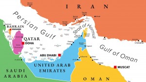 Strait of Hormuz multi colored political map. Waterway between Persian Gulf and Gulf of Oman. Strategically important choke point with Iran to the north and UAE and Oman exclave Musandam to the south.
