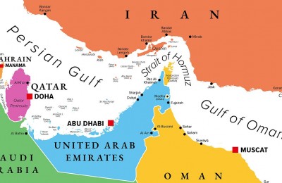 Strait of Hormuz multi colored political map. Waterway between Persian Gulf and Gulf of Oman. Strategically important choke point with Iran to the north and UAE and Oman exclave Musandam to the south.