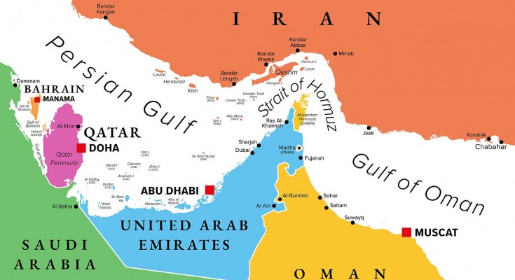 Strait of Hormuz multi colored political map. Waterway between Persian Gulf and Gulf of Oman. Strategically important choke point with Iran to the north and UAE and Oman exclave Musandam to the south.
