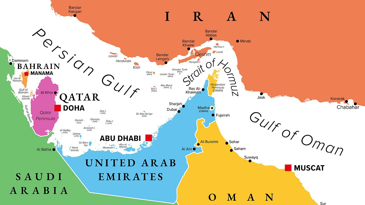 Strait of Hormuz multi colored political map. Waterway between Persian Gulf and Gulf of Oman. Strategically important choke point with Iran to the north and UAE and Oman exclave Musandam to the south.